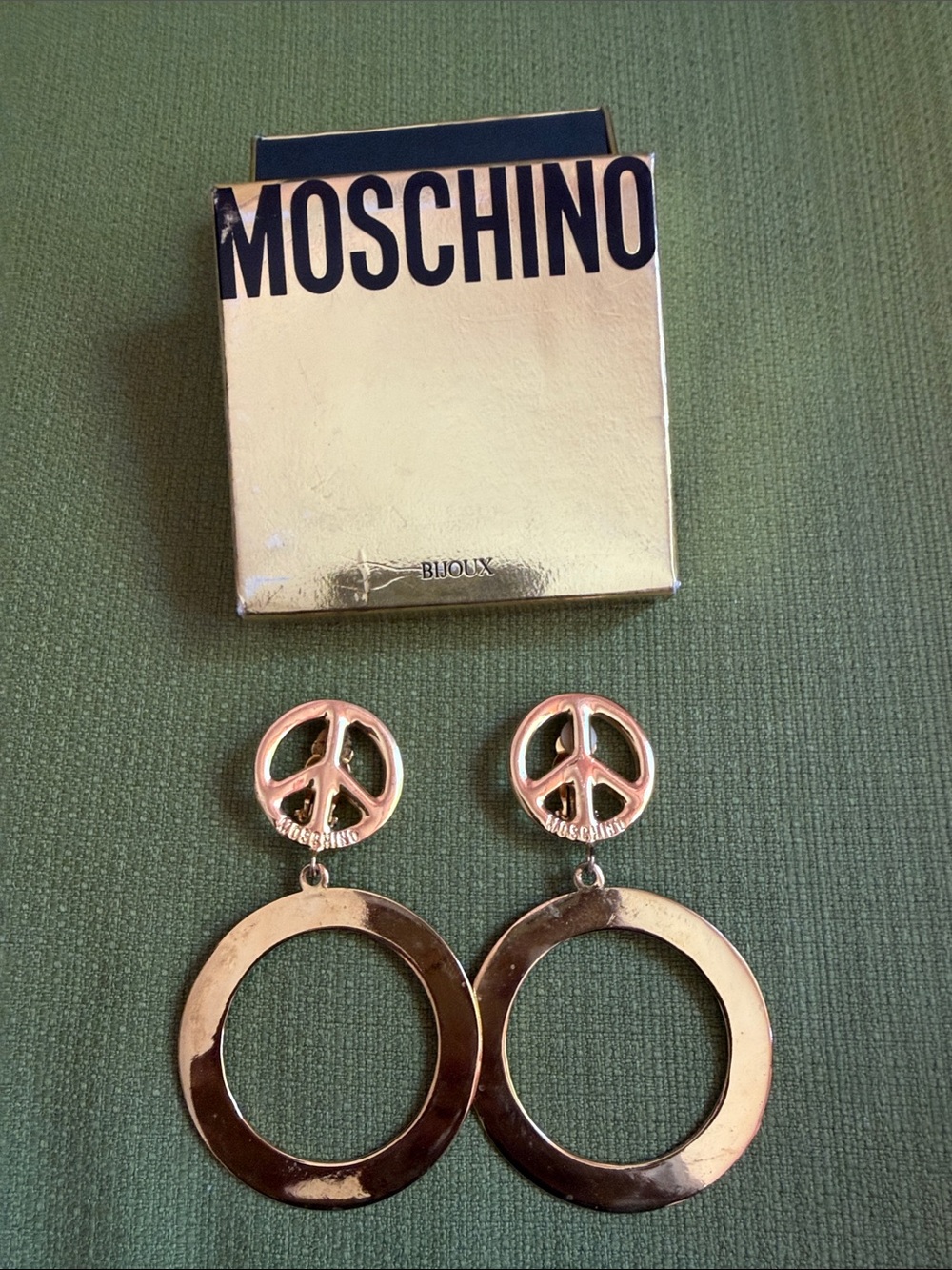 Moschino Gold Peace Sign Hoop Drop Earrings